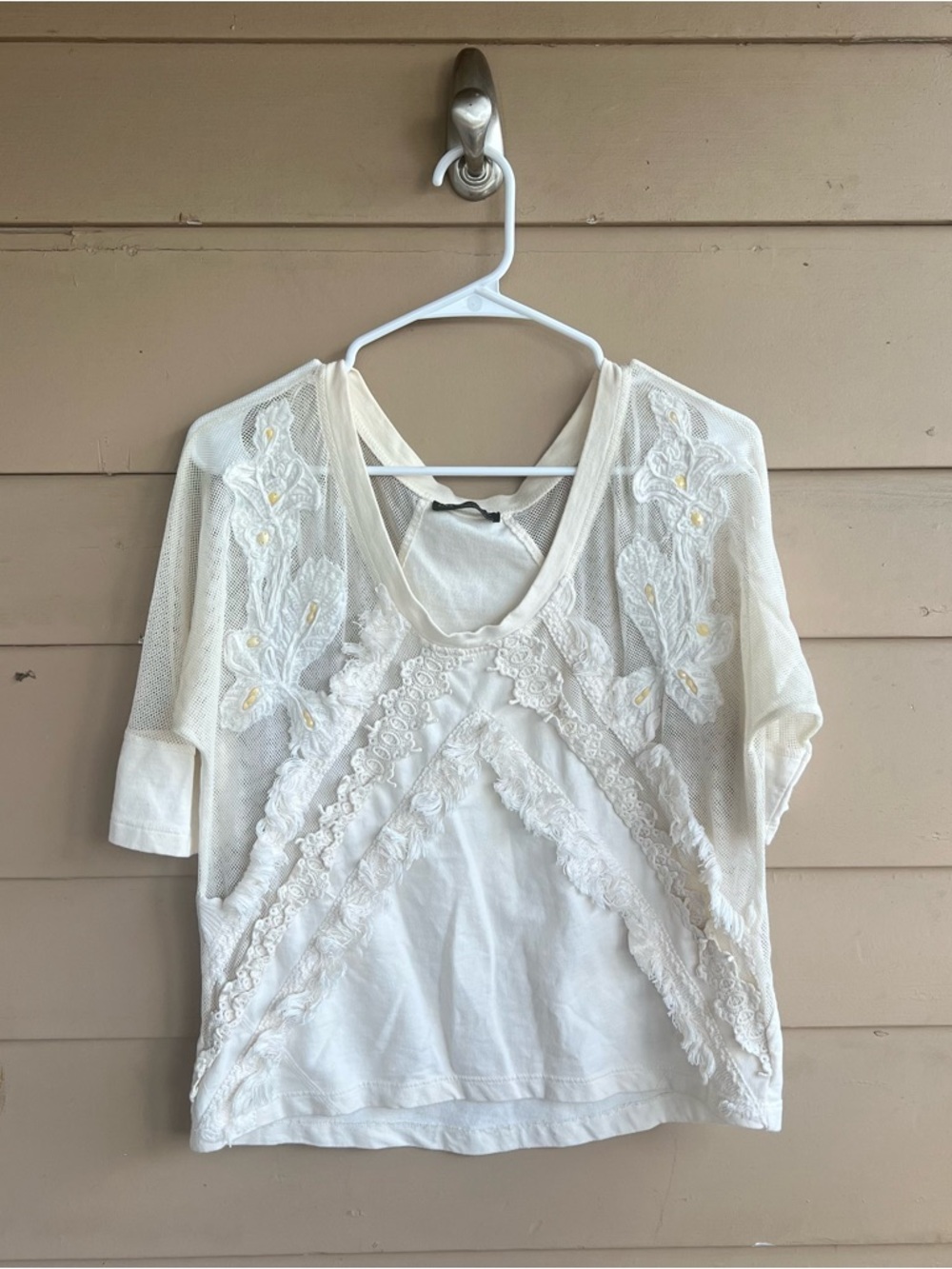 Zara Wb Collection Cream Blouse Size Med Mesh Shirt Crew Neck Cotton